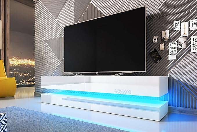 Selsey Aviator - TV-Board in Schwebeoptik / TV-Hängeschrank / Fernsehschrank Weiß matt / weiß Hochglanz mit LED blau, 140 cm
