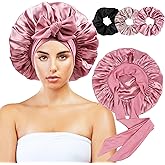 Satin Bonnet for Sleeping Women,Double Layer Hair Bonnet for Sleeping with Tie Band for Curly Hair Braids Long Hair Rose Gold