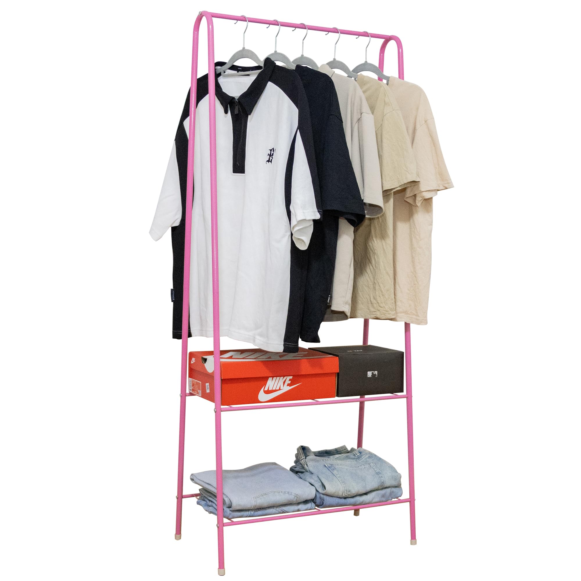 HOFLERA Clothes Rail Stand Garment Coat Rack with Metal Shelf, Frame for Bedroom, Saving Space Clothes Rail,1.5m(Pink)