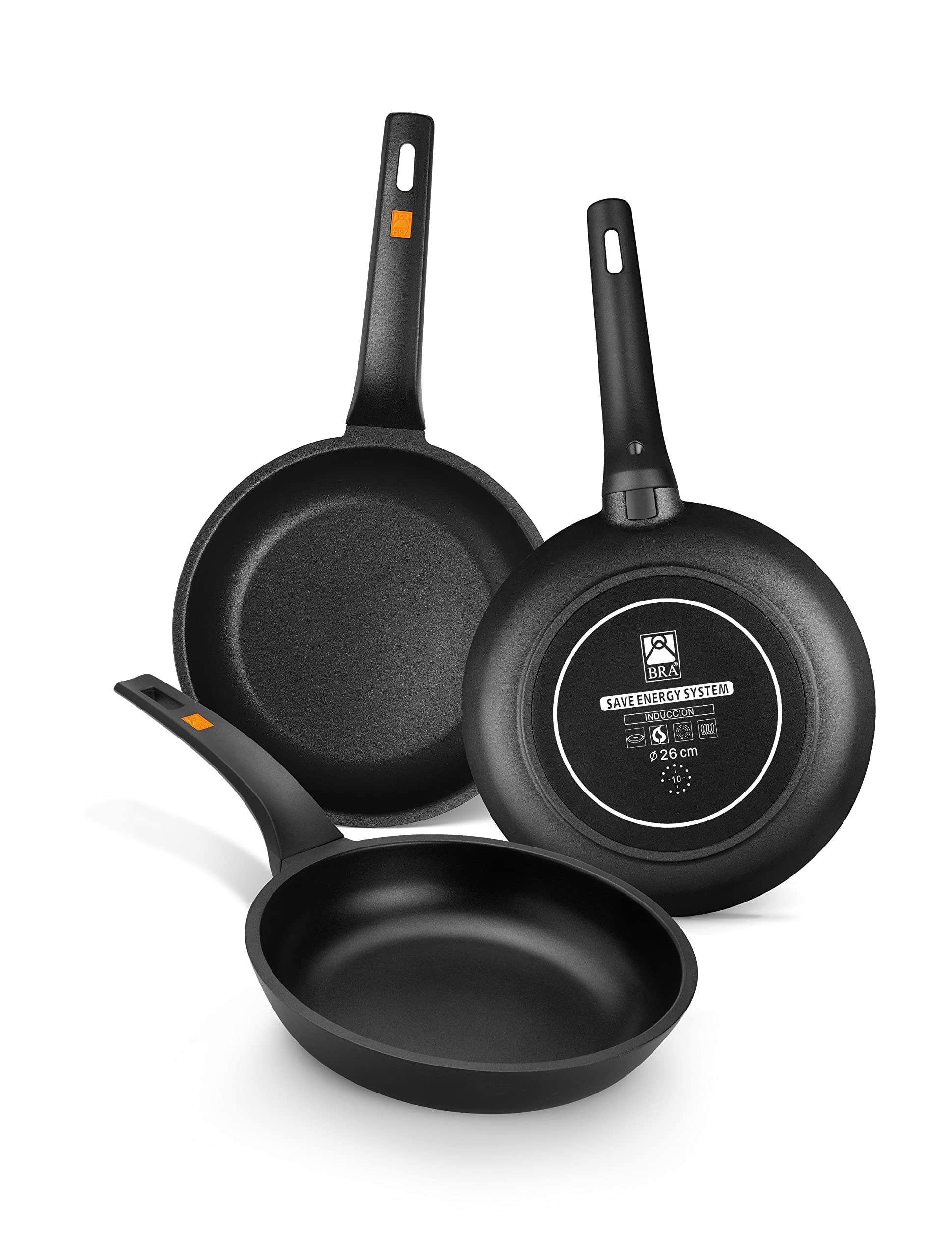 Bra Efficient Non-Stick Cast Aluminium Frying Pan Set of 3 - Black (18, 22 & 26cm). Small and Large Frying Pans for Induction Hob & Other Heat Sources. 100% Recycled Aluminium.