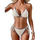 Fanuerg Women's Triangle Bikini Sets Sexy Halter String Two Piece Swimsuit Color Block Swimwear Bathing Suit