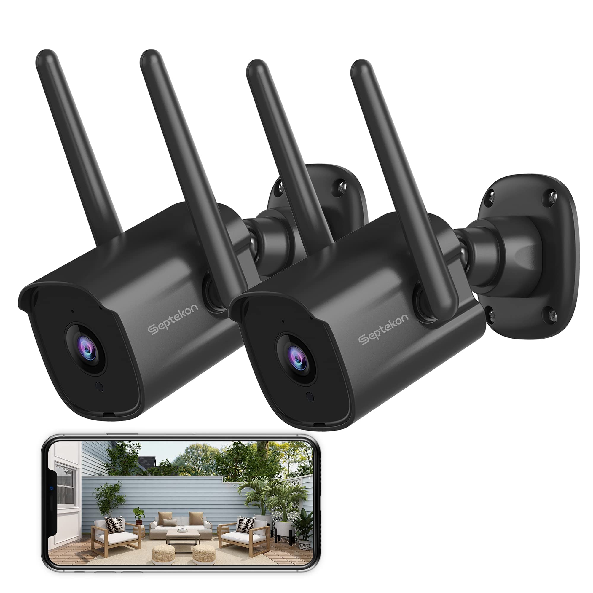 Septekon Security Camera Outdoor CCTV Camera 2 Pack, 2K Dual Antenna WiFi Home Surveillance Cameras with IP66 Waterproof, Night Vision, AI Motion Detection, 2-Way Audio, Black