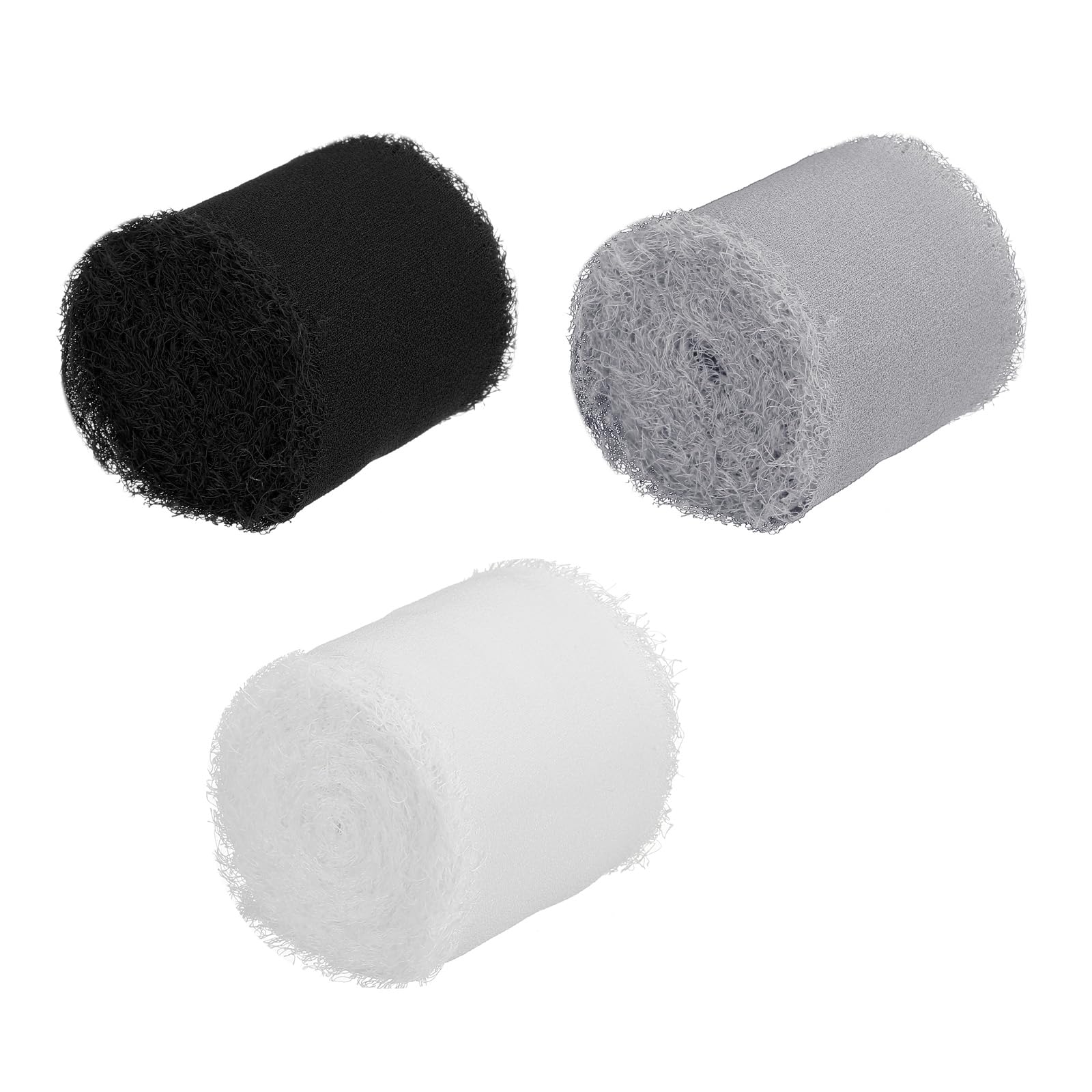 PATIKIL 1.5 in x 5 Yard Chiffon Ribbon, 3 Rolls Handmade Fringe Silk Ribbon Frayed Edges for DIY Decor Bridal Bouquets Wedding Invitations Gift Wrapping, Black/White/Grey