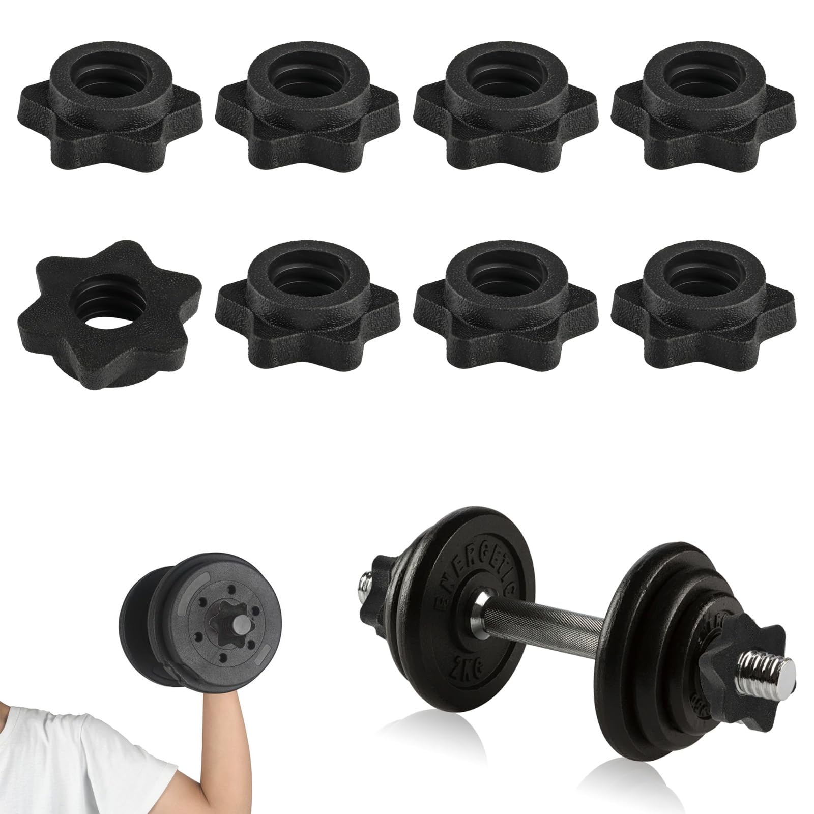 Bbtcxjs 8 Pcs Barbell Bar Hexagon Nuts, Dumbbell Clips, 1"/25mm Dumbbell Hex Nut Spinlock Collars, Anti-Slip Barbell Clips Spin-Lock Collar Screw Hex Nut Screw Clamps, barbell clips