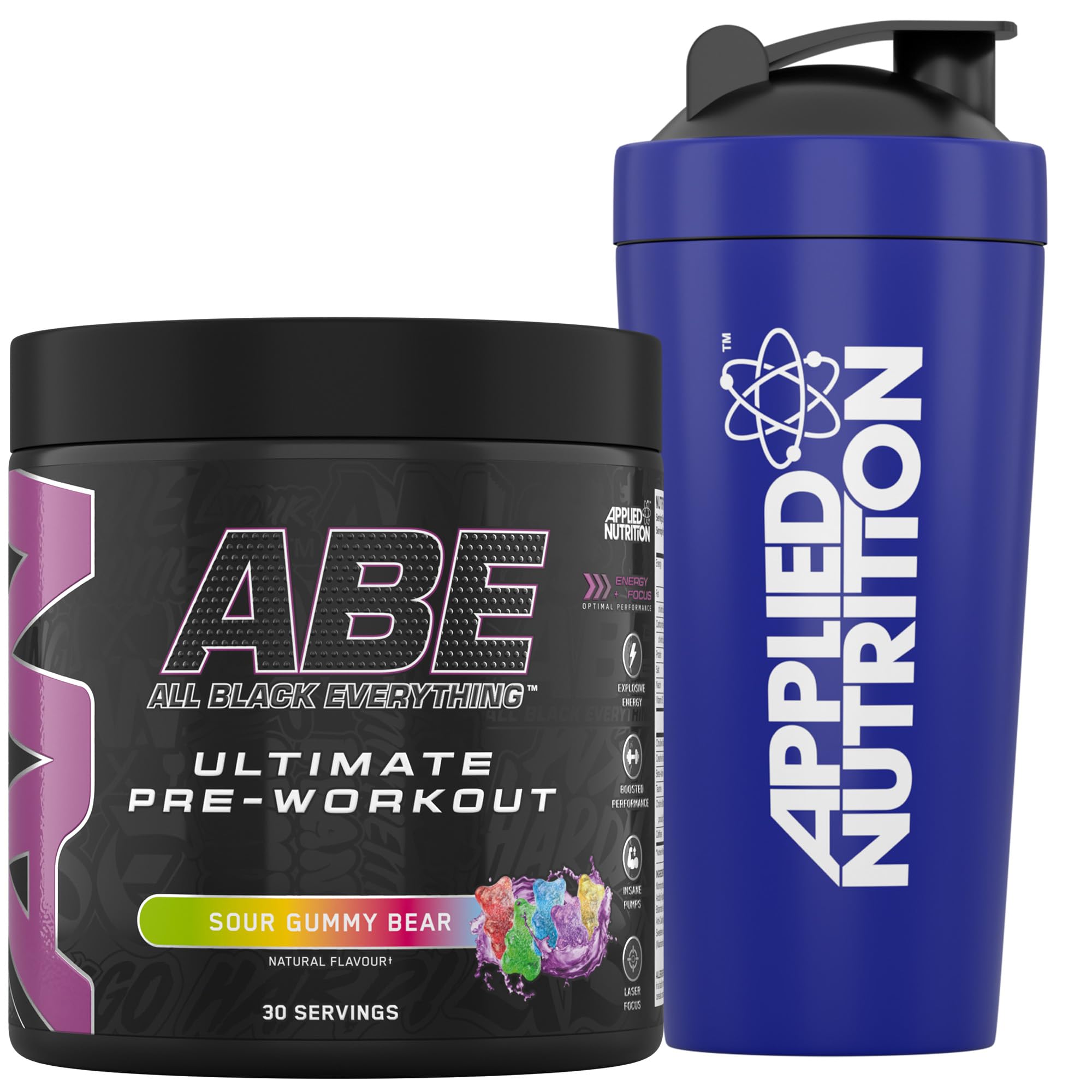 Applied Nutrition Bundle ABE Pre Workout 375g + 750ml Steel Protein Shaker | All Black Everything Pre Workout Powder, Energy & Physical Performance with Creatine, Beta Alanine (Sour Gummy Bear) — image 1