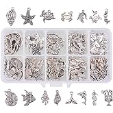 PH PandaHall 90pcs 15 Style Ocean Fish Charms Tibetan Seashell Marine Pendants Antique Silver Animal Sea Creatures Charms Pendants for Wakiki Hawaii DIY Bracelet Necklace Keychain Jewelry Making