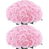 Lcuasc 50pcs Artificial Roses Flowers in Bulk,Realistic Silk Fake Rose with Long Stem for Wedding Centerpieces Bouquet Party Floral Arrangement Home Decoration(Pink)