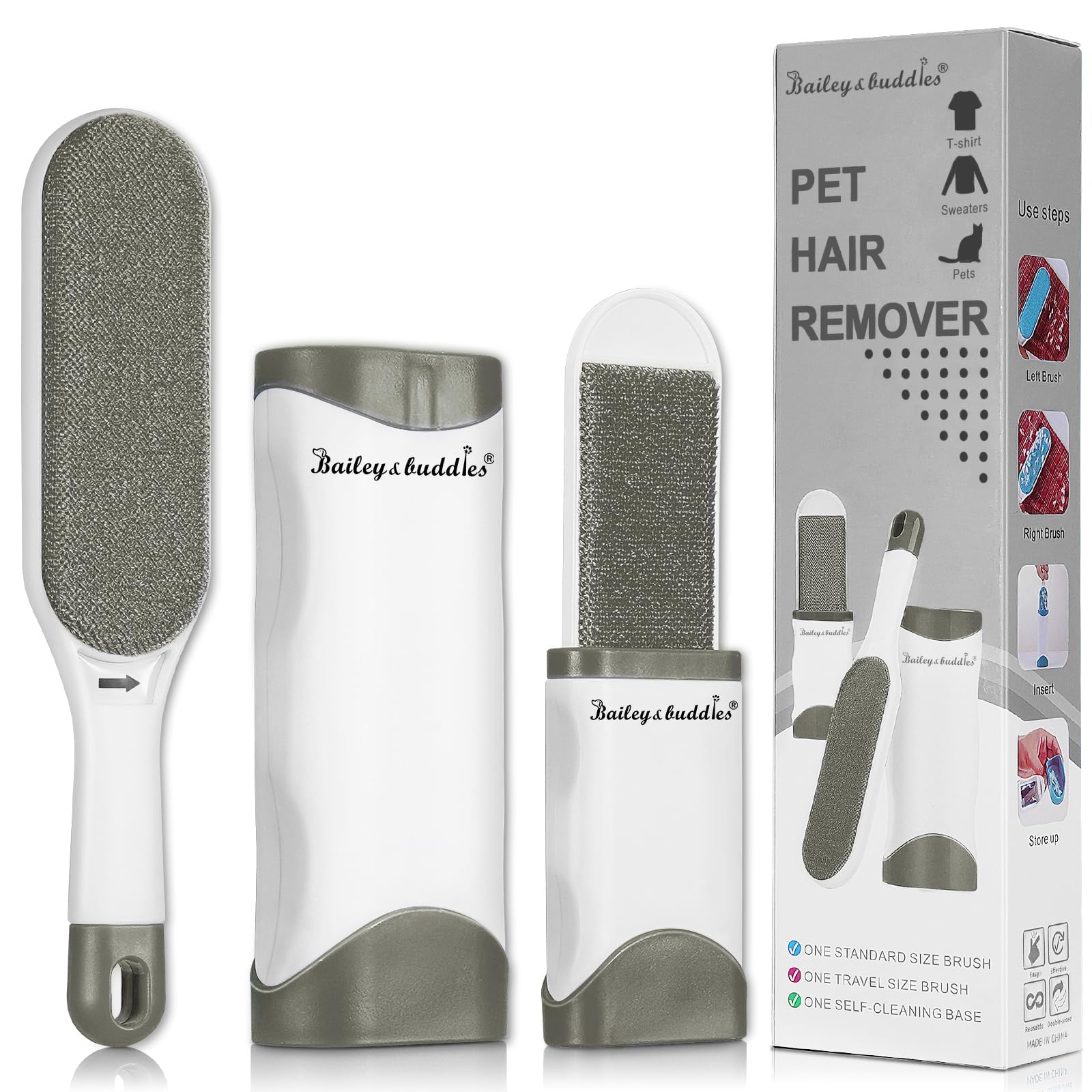 Bailey & Buddies Pet Hair Remover Lint Brush with Self-Cleaning Base & Travel Kit – Reusable Double-Sided Fur Remover & Lint Roller for Dogs & Cats – Clothes Sofa Carpet Furniture Car Fluff Cleaner