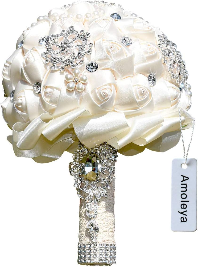 Amoleya Wedding Bouquets for Bride, 7.8 Inch Handmade Bridal Bouquet Bridesmaid Bouquet of Satin Flower Roses with Bling…