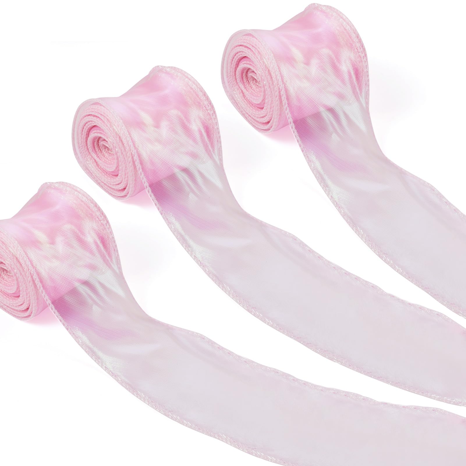 Crafans 3 Rolls Shimmer Sheer Organza Ribbons Iridescent 60mmx10Yards Shimmer Polyester Ribbon Sparkly Iridescent Chiffon Ribbons for Gift Wrapping Wedding, Pearl Pink — image 1