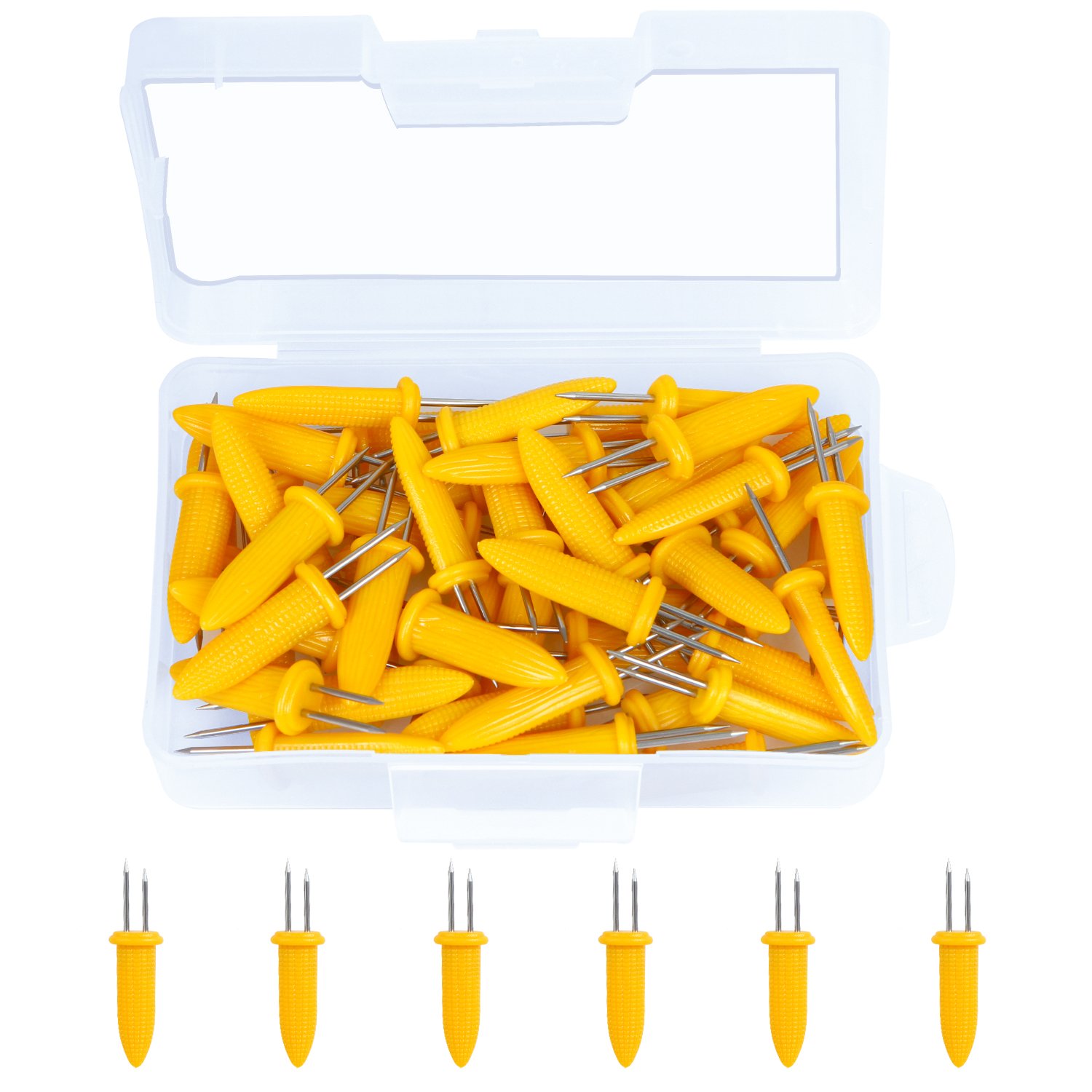 ELCOHO 50 Pieces Stainless Steel Corn Holders Corn on the Cob Holders Prong Skewers with Storage Box
