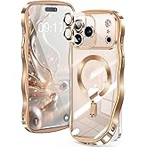 [CD Ring & Curly Wave Edge] for iPhone 17 Pro Case, 2025 Upgraded [Full Camera Protection] [Compatible with MagSafe] Plating Soft Non-Yellowing Clear Case for 17 Pro 6.3 " Men Women ,Titanium Gold