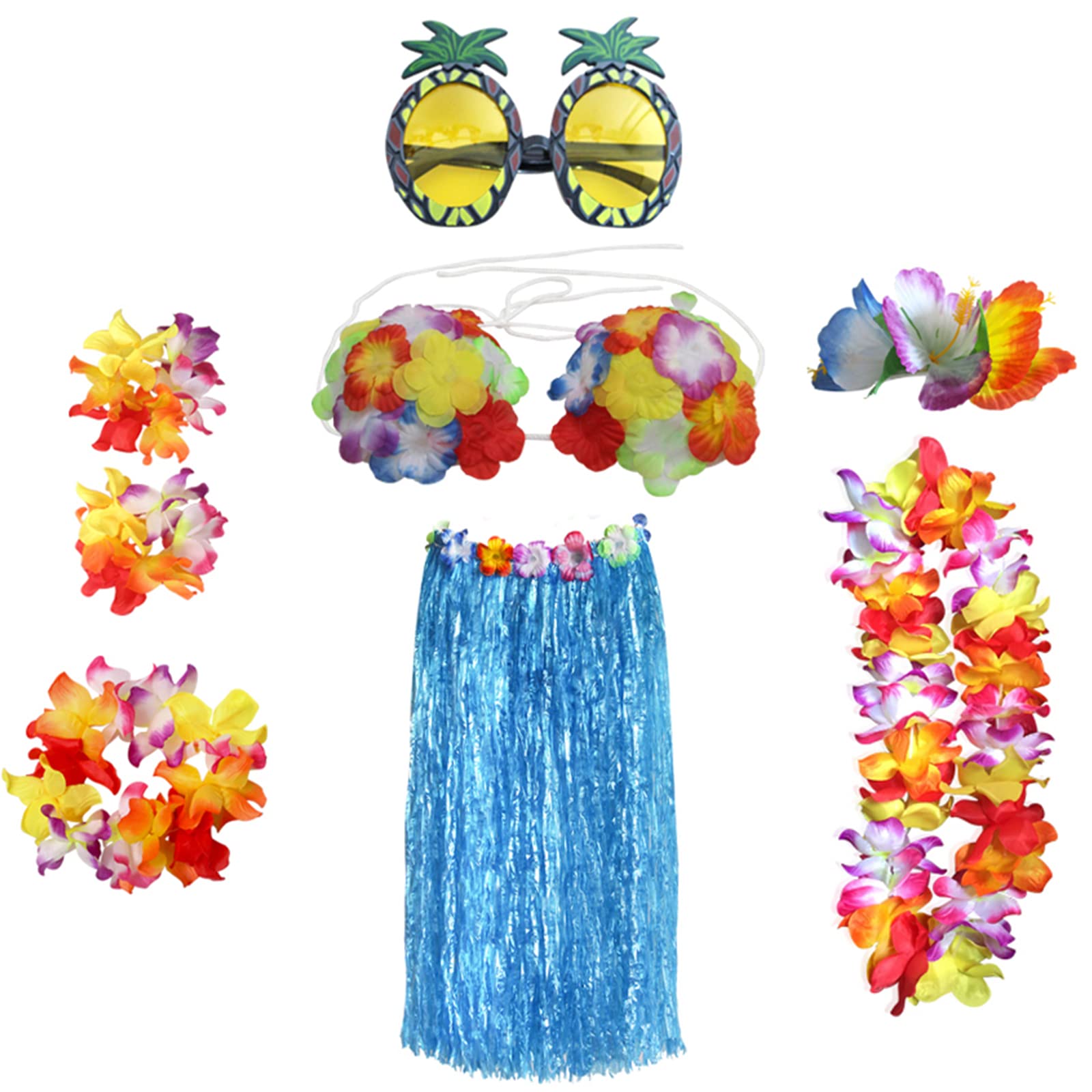 HBell 8PCS Hawaiian Hula Skirt Costume Set,Hawaiian Grass Skirt,Hawaii Leis,Flower Bikini,Hibiscus Hair Clip for Adults Fancy Dress Supplies Summer Beach Tropical Party Decorations (Blue)