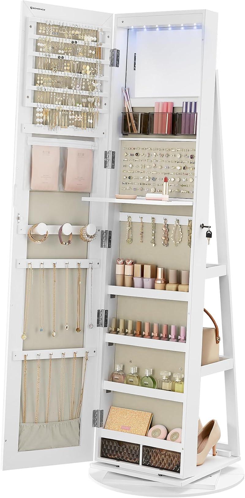 SONGMICS 6 LED Mirror Jewellery Cabinet 360° Swivel Lockable Freestanding