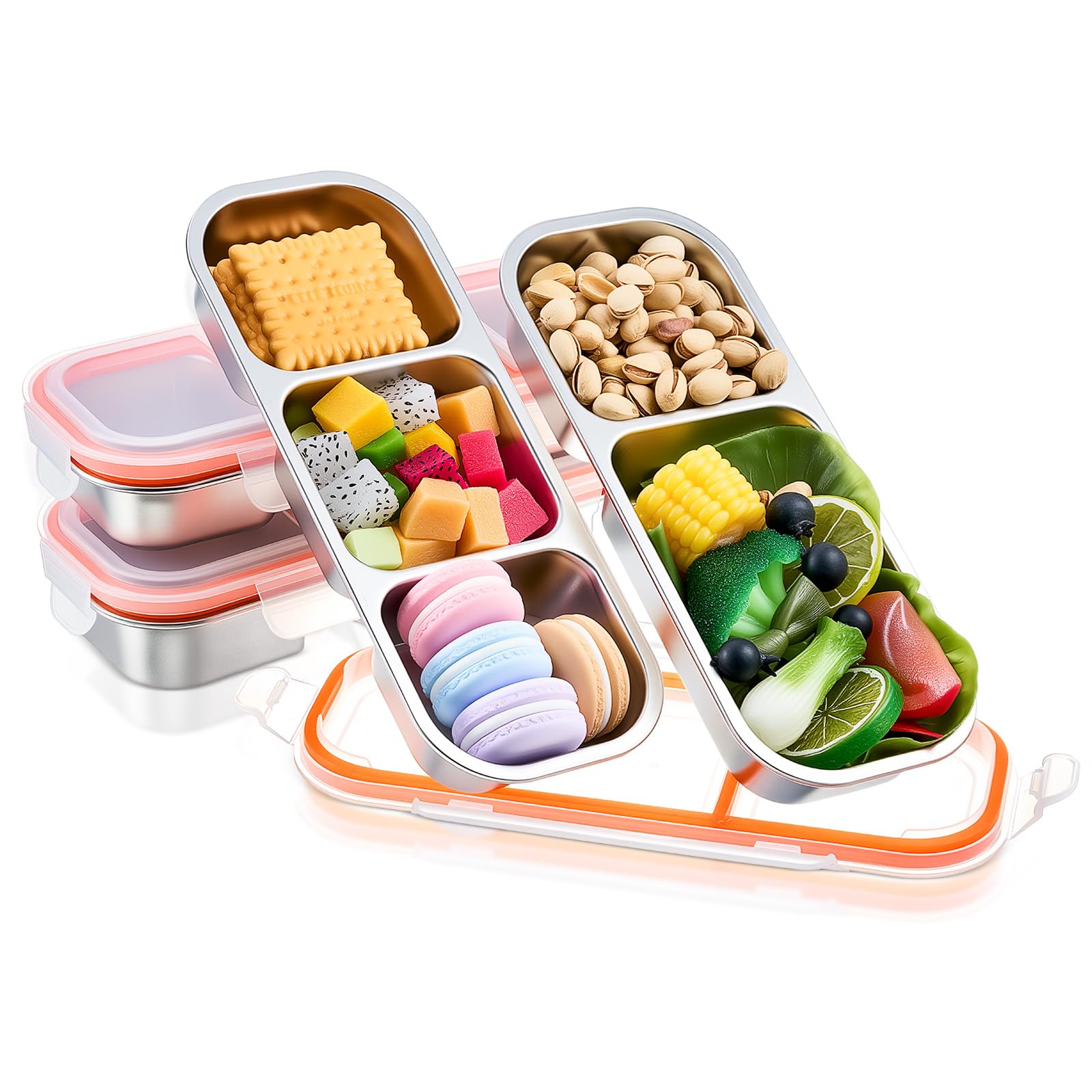 Photo 1 of 4 Pcs Stainless Steel Snack Box Lunch Container 10.31 x 4.06 Inch Salad Multipurpose with 3 and 2 Compartments Reusable Large Box with Lids Divided Food Containers for Snack Dip Travel Outdoor Camping