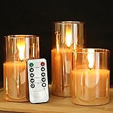 GenSwin Flameless Led Candles Flickering Battery Operated with Remote, Real Wax 3D Wick Moving Pillar Candles with Timer Remote Glass Effect for Festival Wedding Christmas Home Decor(Gold)