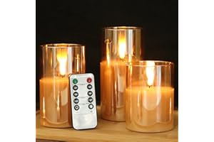 GenSwin Flameless Led Candles Flickering Battery Operated with Remote, Real Wax 3D Wick Moving Pillar Candles with Timer Remote Glass Effect for Festival Wedding Christmas Home Decor(Gold)