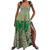 ABYOVRT Women Floral Maxi Dress Tie Shoulder Patchwork Smocked Flowy Boho Dress with Pockets Summer Vacation Sundress