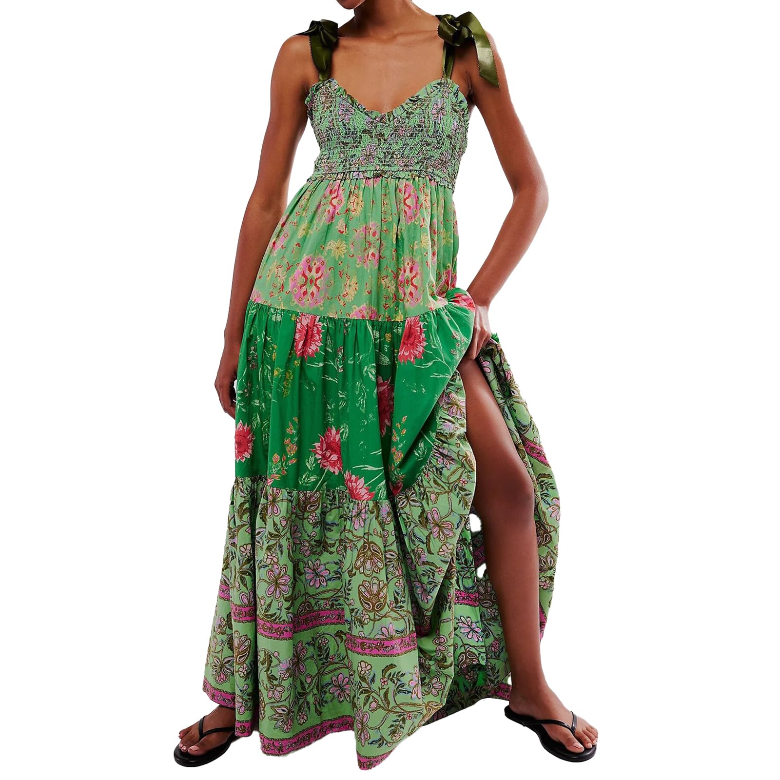 Photo 1 of ABYOVRT Women Floral Maxi Dress Sleeveless Tie Shoulder Bohemian Flowy Smocked Dresses Casual Summer Sundress with Pockets(Green,L)