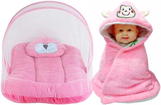 Brandonn Premium Toddler Mattress with Mosquito Net and Hooded Baby Blanket Pack (Pink, Pack of 2)