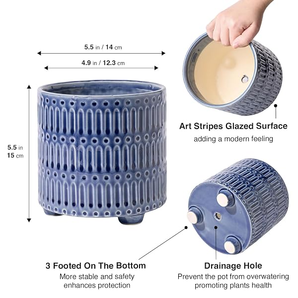 STHIE 5 INCH CERAMIC PLANTERS FOR INDOOR PLANTS, BLUE CACTUS SNAKE PLANT POTS WITH DRAINAGE, UNIQUE DESIGN ROUND FLOWER POT FOR HOME DECORATION