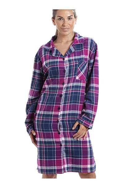 Camille Nachthemd mit Langen Ärmeln und Knopfleiste vorne - Baumwoll-Flanell - Karomuster in Violett & Dunkelblau