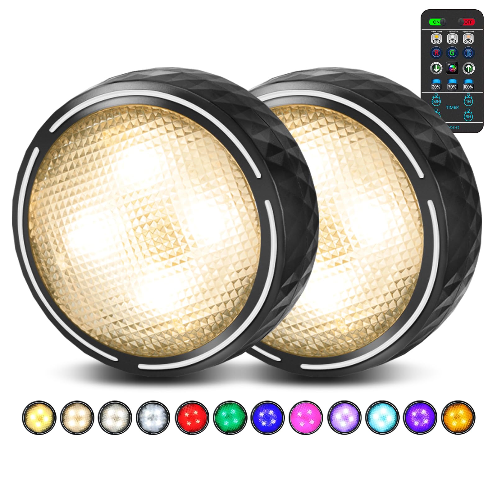 Photo 1 of TECOMLIGHT LED Puck Lights with Remote Control, Battery Operated Wireless Closet Lights, Under Cabinet Lighting Stick on Tap Push Light, Color Changing Under Counter Light for Kitchen, 2 Pack - Black