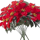 MELAJIA 6 Pack Poinsettias Artificial Christmas Flowers Red 5 Heads Velvet Poinsettia Floral Bouquet Winter Holiday Indoor Outdoor Xmas Tree Ornament Porch Home Garden Decoration