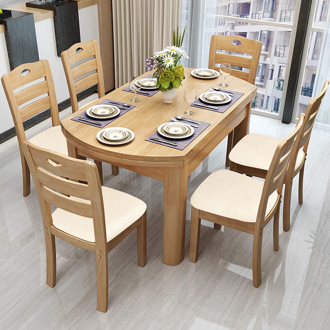 smiry Stretch Spandex Jacquard Dining Room Chair Seat Covers, Removable Washable Anti-Dust Dinning Upholstered Chair Seat Cushion Slipcovers - Set of 6, Beige: Kitchen & Dining