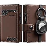VULKIT Airtag Wallet with Keyring Leather Mens Pop up Credit Card Wallet with Air Tag Holder Trifold ID Window RFID Blocking（Espresso）