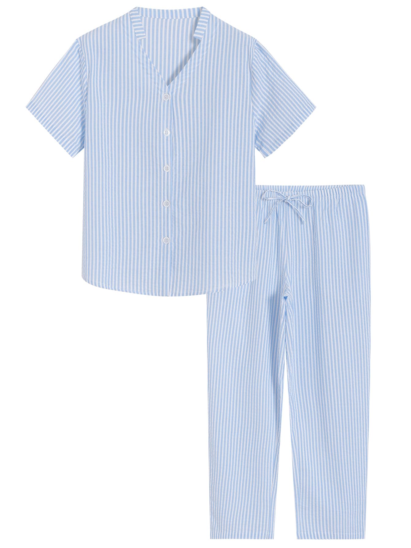 Photo 1 of Latuza Women's Petite Seersucker Pajamas Set Cotton Pj Set Petite Size XL Light Blue Stripe