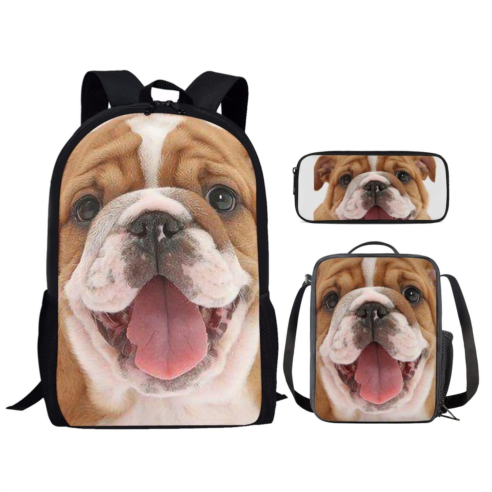 HUIACONG French Bulldog School Bag Set for Girls Backpack Lunch Bags for Kids Pencil Case 3 in 1,Primary School Rucksack Bookbag Lunchbag Boys