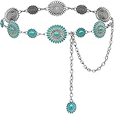 Xiokyo Turquoise Belt Western Chain Belt Cowgirl Country Silver Metal Concho Belts Women Jeans Dresses