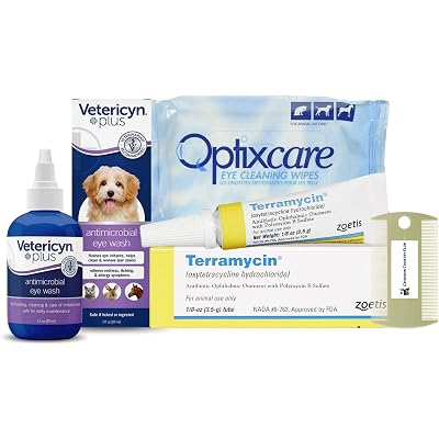 Terramycin Value Pack eye ointment for cats and dogs 18oz with Vetericyn Eye Wash 3oz and OptixCare 50ct Eye Wipes Tear Stain Remover  Comb - Eye