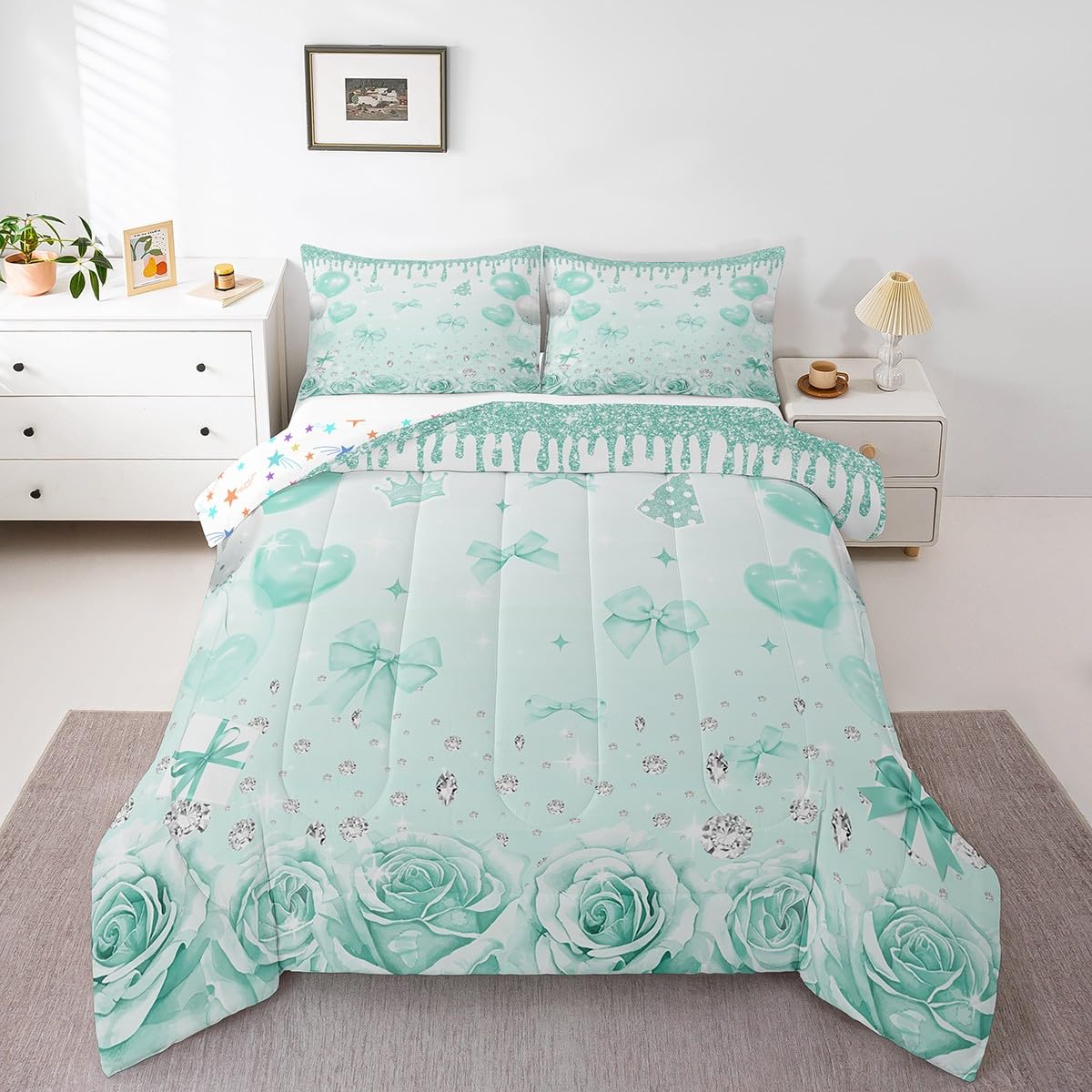 Erosebridal Aqua Bow Comforter Set King Size,Aqua Flower Rose Bedding Set Gifts for Girls Kids Birthday Bedroom Decor,Princess Bows Quilt Bed Set Love Floral Duvet Insert with 2 Pillowcases