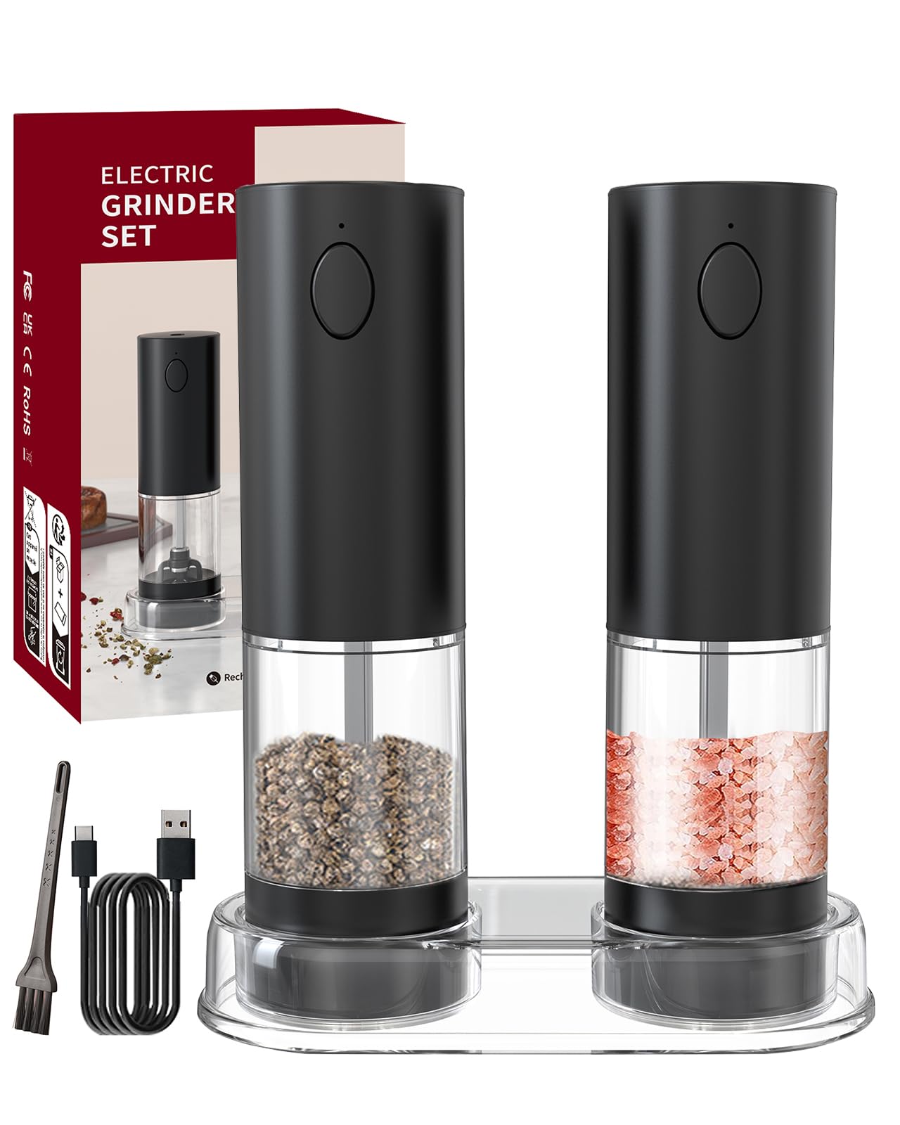 Salt and Pepper Grinder Set with Tray, Electric Salt and Pepper Mill,2 PCS, Rechargeable Pepper Grinder