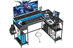 Eivanet L Shaped Gaming Desk with Power Outlet & Led Light, 47 inch Reversible Computer Desk with Shelves, Hooks, and Drawer, Cornor Home Office Desk Table for Living Room, Bedroom, Black