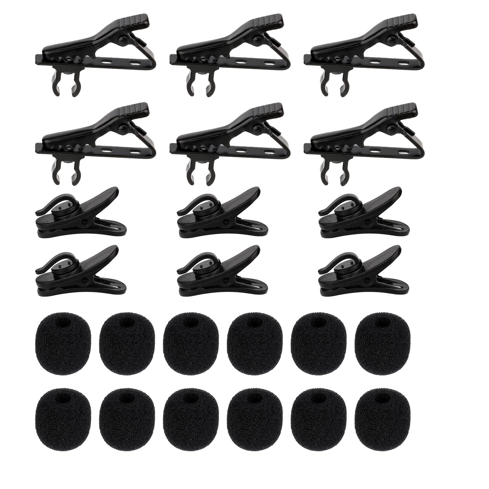LUTER 24pcs Lapel Microphone Replacement Kit, 6pcs Metal Mic Tie Clips 6pcs Plastic Microphone Cord Clips 12pcs Mic Sponge Covers , Collar Clip Mini Microphones Windscreens for Lavalier Microphones