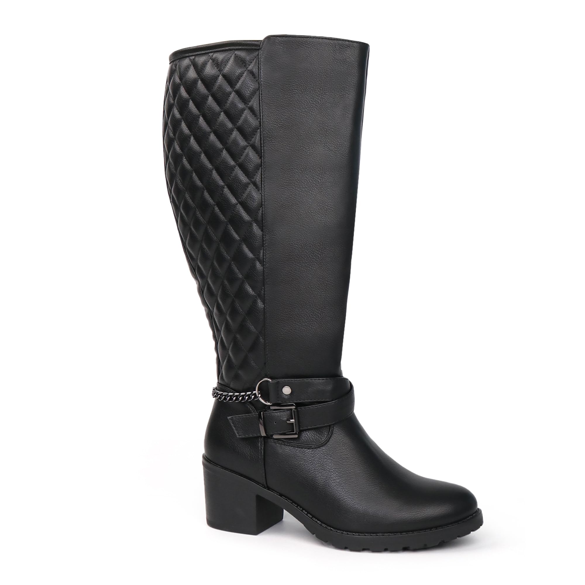 Photo 1 of Chicblooms Women's Extra Wide Calf Block Heel Chic Chain Buckle Motorcycle Knee High Boots, Black PU, 10 M US