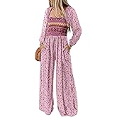Dokotoo Womens Casual Loose Overalls One Piece Long Sleeve Jumpsuits for Women Stretchy Long Sleeve Wide Leg Long Pant Rompers Jumpsuit with Pockets Printed 2026 Fashion S Pink