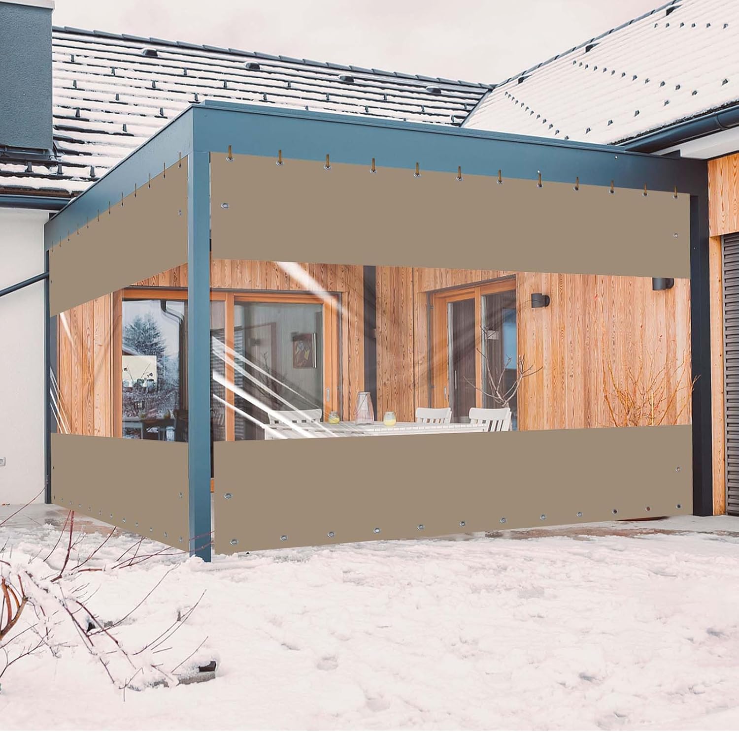 Outdoor Curtains - Ezcasch 20 Oz Outdoor Vinyl Curtain, Outdoor Clear Panel Curtain, Weather Resistant Outdoor Curtain for Pergola, Porch, Gazebos, with Rustproof Grommets (10'H x 10'W, Beige)