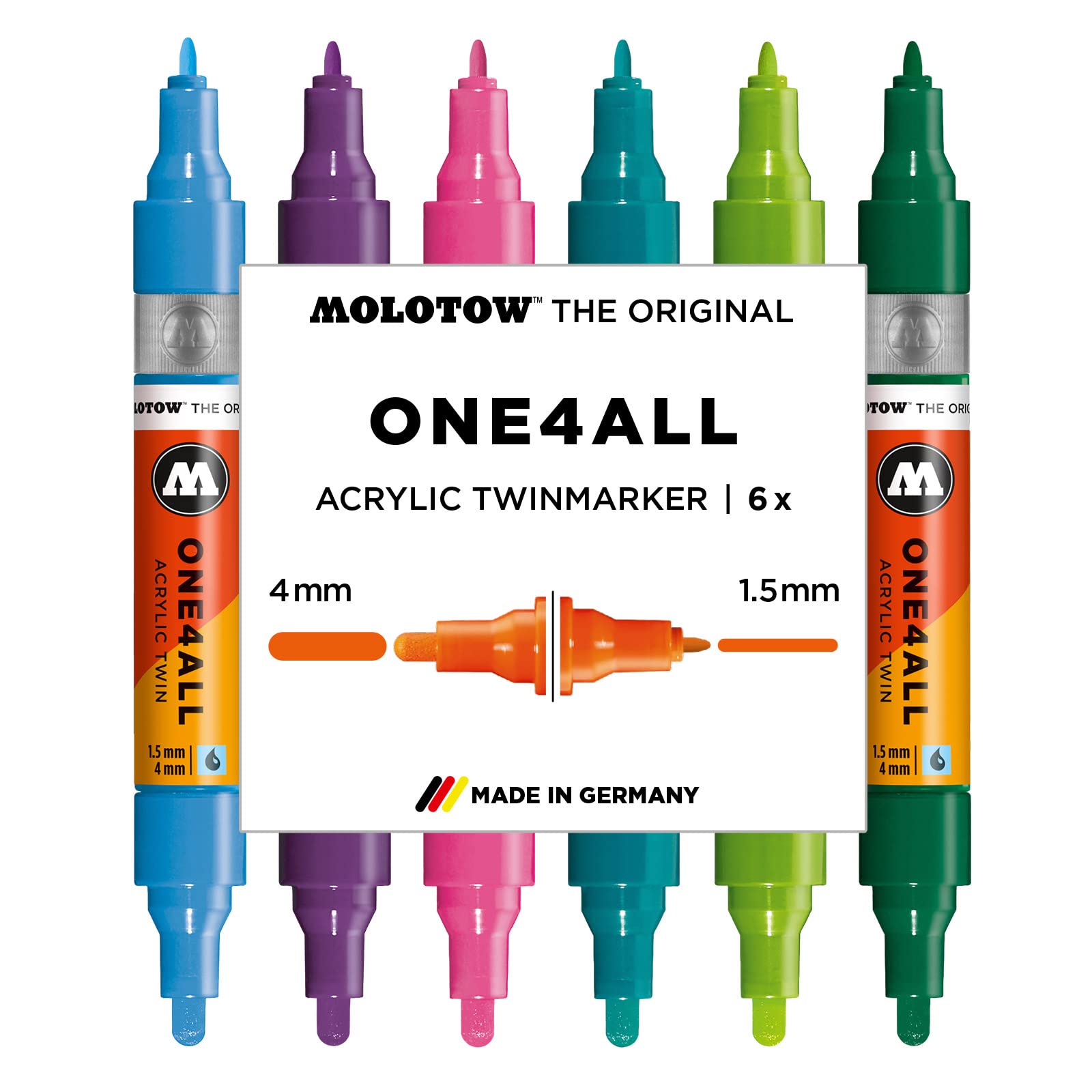 Molotow One4All Acrylic Twin Marker Basic Set 2 (Line Width 1.5 mm and 4.0 mm, High Coverage and Permanent, UV-Resistant, for Almost All Surfaces) Pack of 6 Assorted
