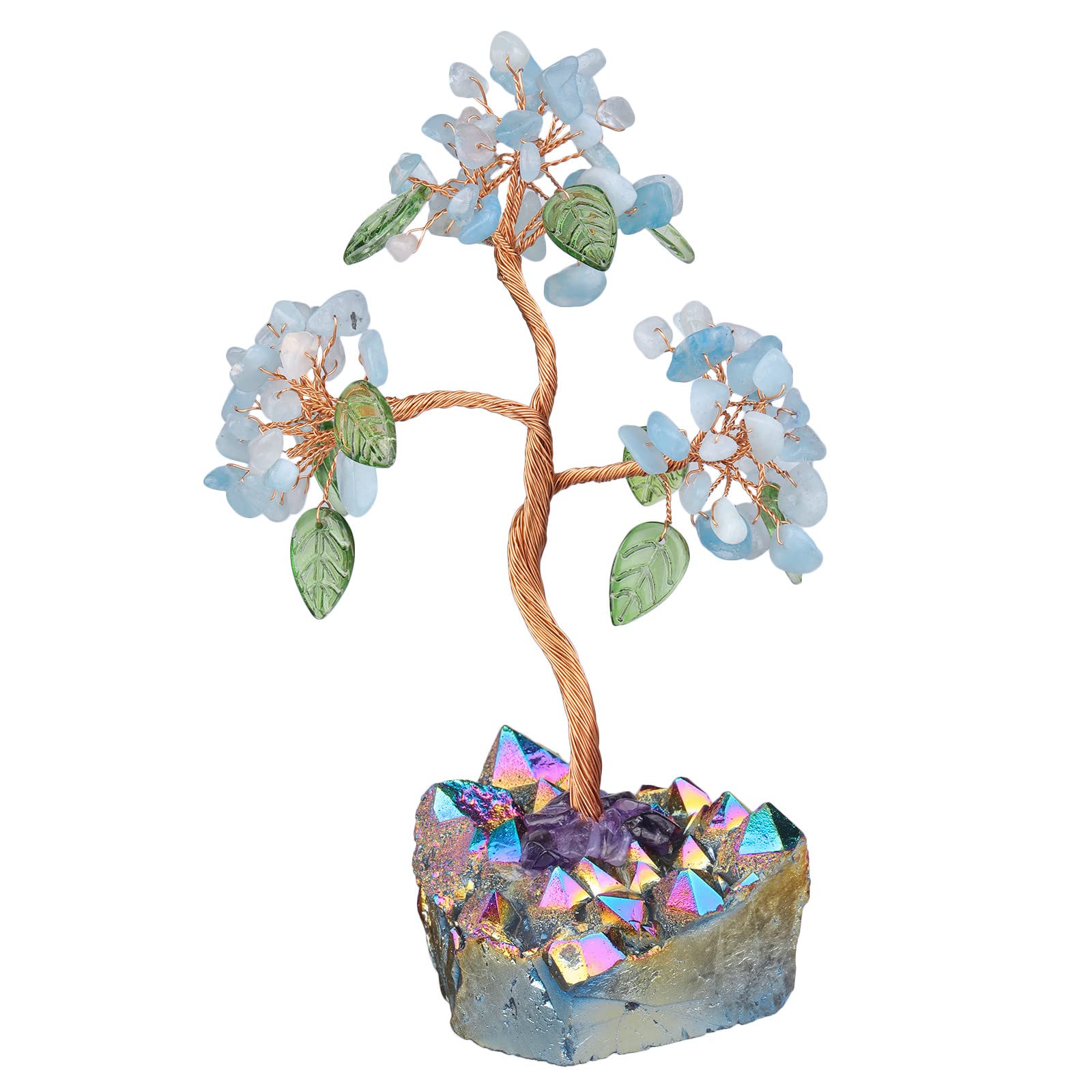 Nupuyai Aquamarine Crystal Money Tree with Rainbow Titanium Crystal Base, Fengshui Tree of Life Figurine Healing Stone Gem Tree Ornament Good Luck Home Office Decor