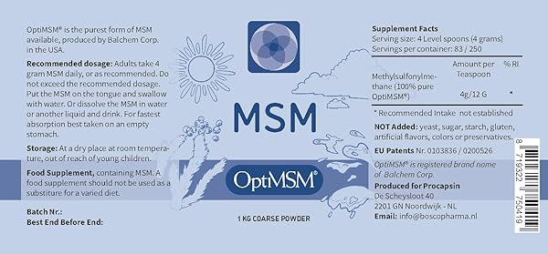 PROCAPSIN OPTIMSM – PURE METHYLSULFONYLMETHANE MSM SUPPLEMENT POWDER – ORGANIC, GLUTEN FREE, NON-GMO – OPTI MSM SULFUR CRYSTALS/POWDER FOR KIDS AND ADULTS (1KG)