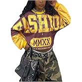 GORGLITTER Women's Hip Hop Cropped Jersey Shirt Letter Graphic Loose Oversized Crop Sweatshirt Pullover Streetwear Multicolor Small