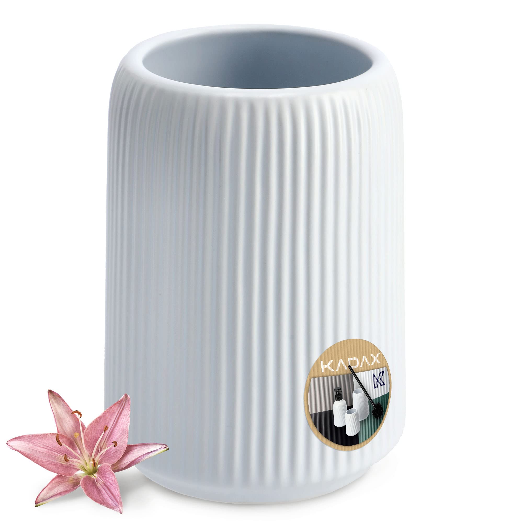 KADAX Bathroom Tumbler, Ceramic Toothbrush Holder for Bathroom, Tall Ribbed Cup for Toothpaste, Cotton Swabs, Elegant Organiser for Sink (White)