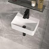 GHOMEG Small Bathroom Sink White 14x10 Inch Wall Mounted Sink | Rectangular Floating White Porcelain Ceramic Wall Hung Vanity Basin Sink for Tiny Bathroom