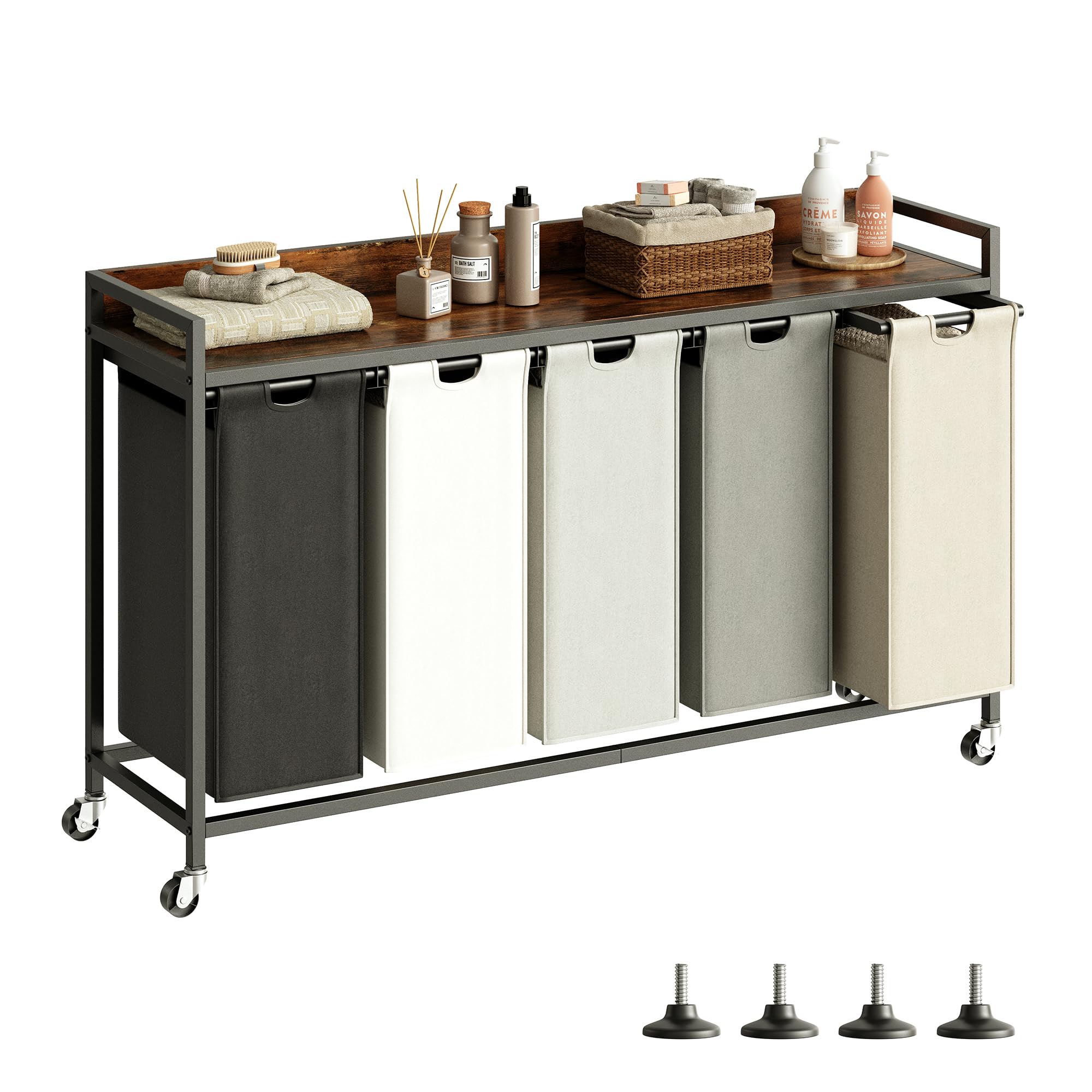 Herture Laundry Hamper with Shelf, Laundry Basket 5 Section, Laundry Sorter with Pull-Out Removable Large 5 Color Bags and Movable Wheels, Metal Frame, 5 x 15.87 Gallons (60L), Rustic Brown PF08XLN Image