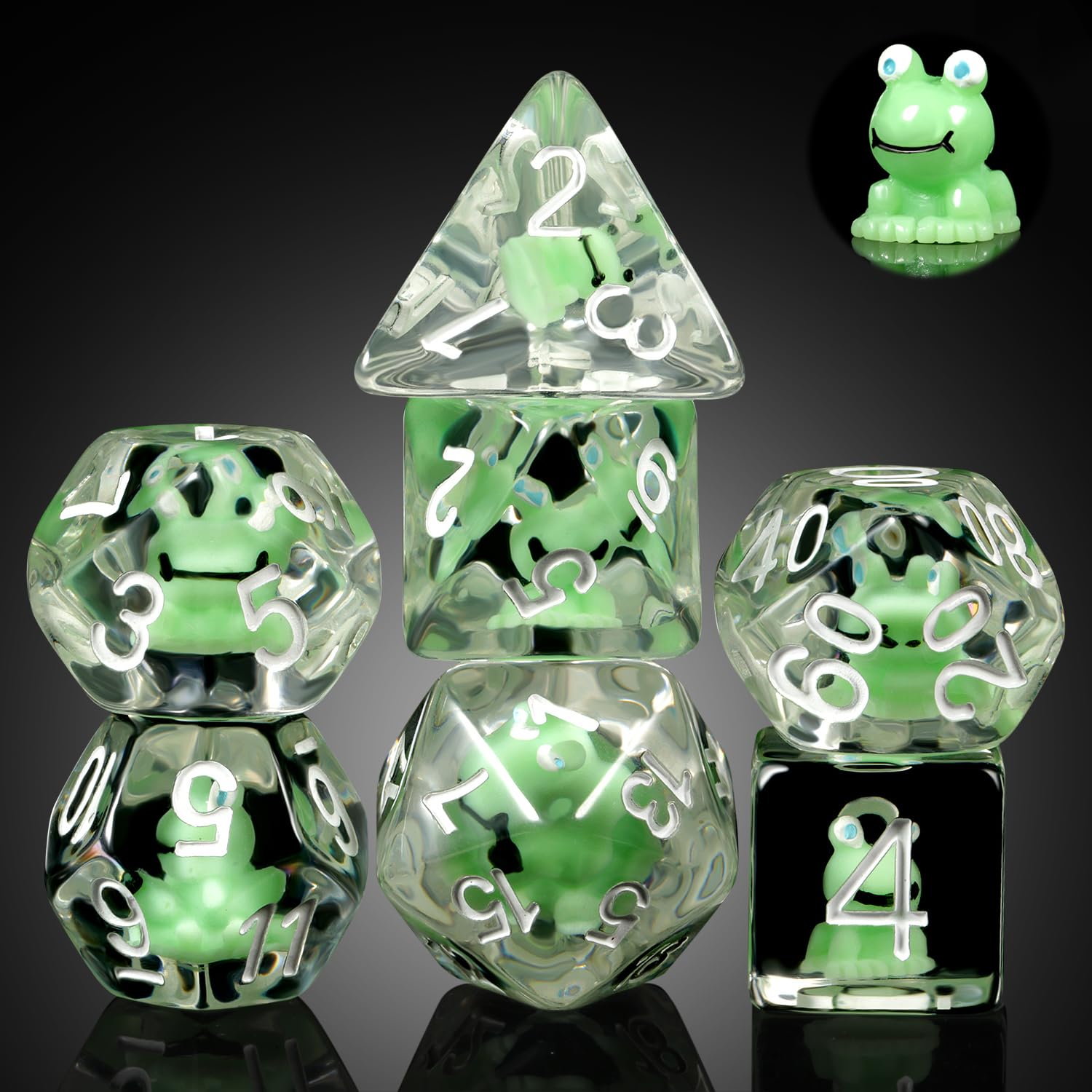 Frog D&D Dice Set, DNDND 7PCS Resin Polyhedral Die with Velvet Pouch for DND Dungeons & Dragons Role Playing Games and Tabletop Games （Frog) — image 1