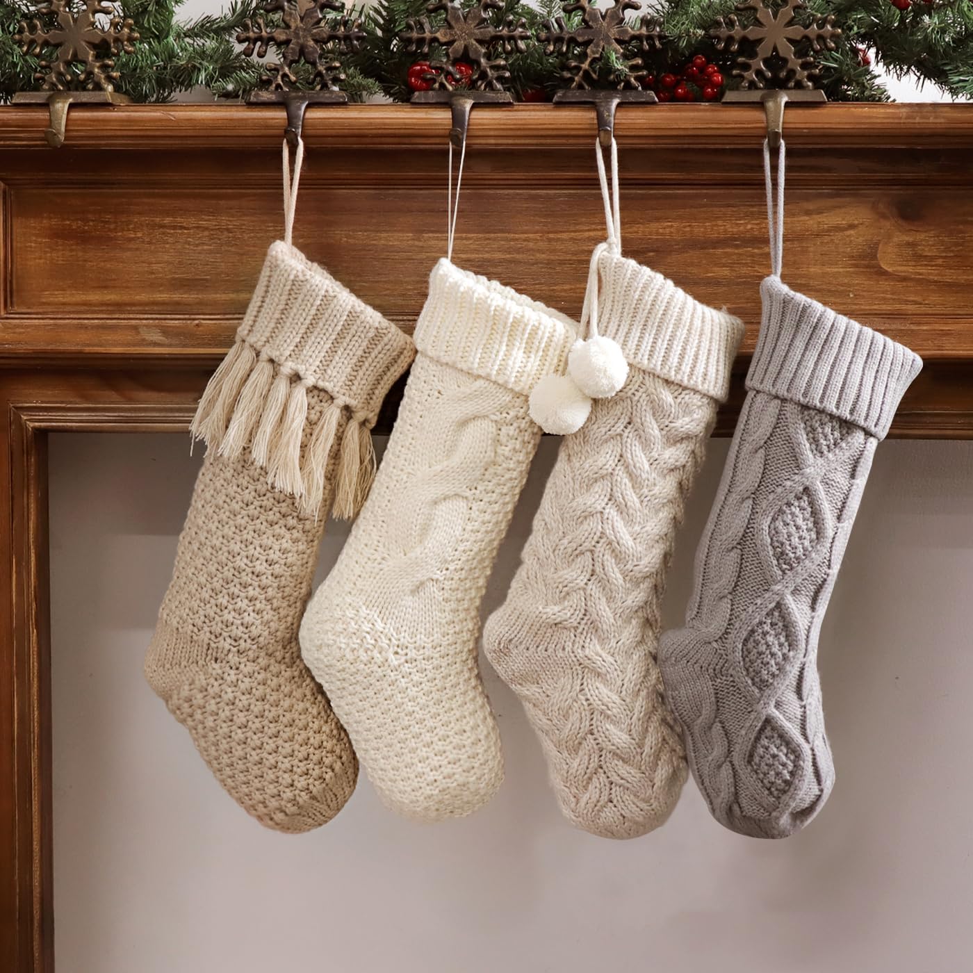 Stockings & Holders - Pawliss Christmas Stockings: 4 Pack 18 Inch Cable Knit Fireplace Stockings, Cozy Hanging Xmas Stockings Farmhouse Knitted Personalized Stocking Decorations for Family Holiday Décor, White Gray Beige